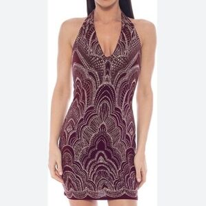 Elegant Burgundy Halter Neck Dress With Gold Glitter Pattern NWT Size 13/14